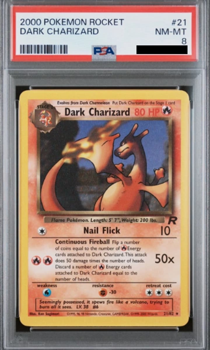 Dark Charizard, PSA 8 graded, card 21 of 82 from the 2000 Team Rocket Pokémon TCG set.