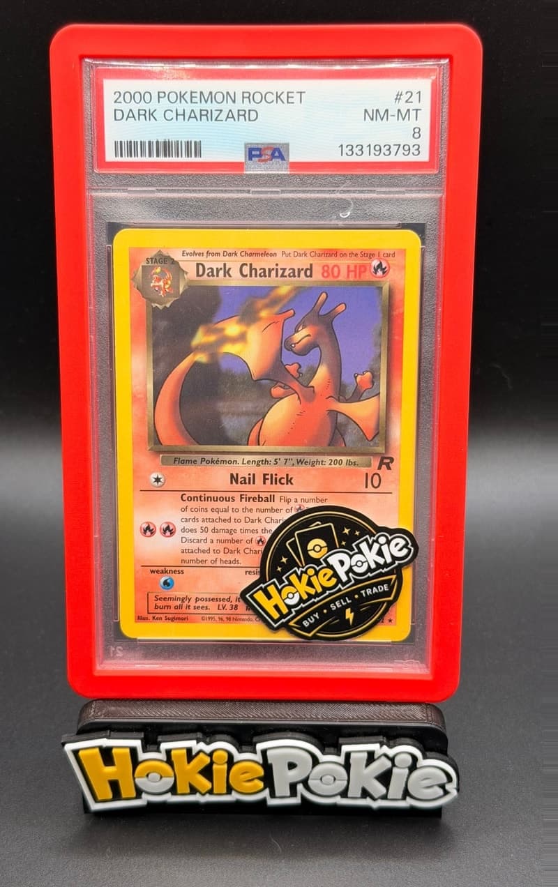 Dark Charizard, PSA 8 graded, card 21 of 82 from the 2000 Team Rocket Pokémon TCG set.