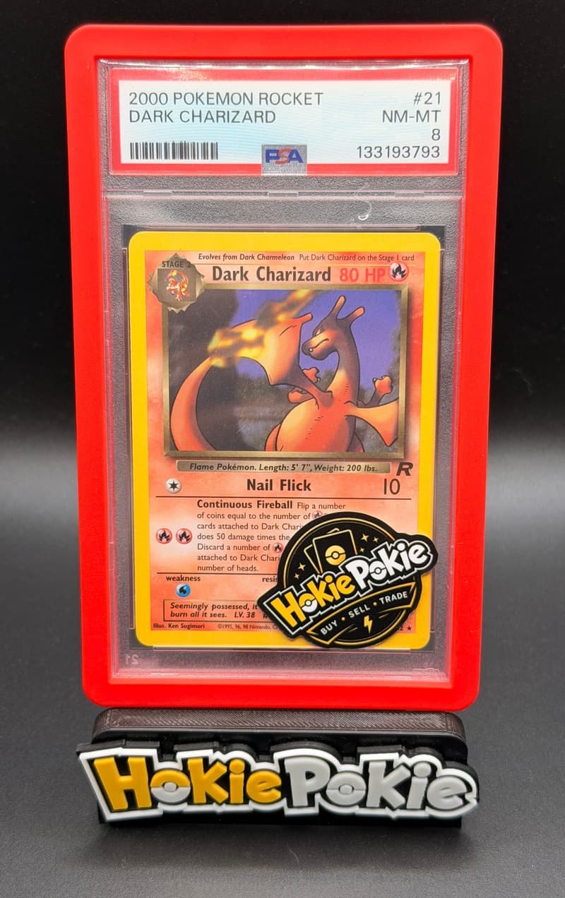 Dark Charizard, PSA 8 graded, card 21 of 82 from the 2000 Team Rocket Pokémon TCG set.