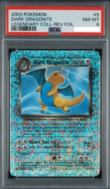 Dark Dragonite, PSA 8 graded, card 5 of 110 from the 2002 Legendary Collection Pokémon TCG set.
