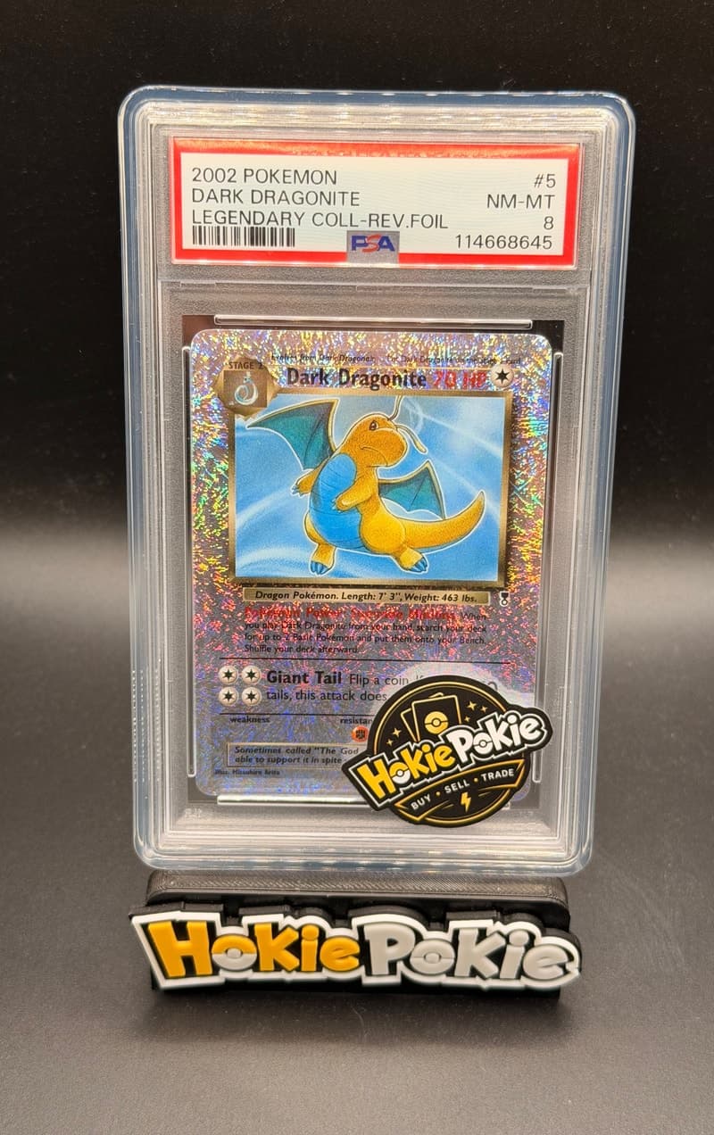 Dark Dragonite, PSA 8 graded, card 5 of 110 from the 2002 Legendary Collection Pokémon TCG set.