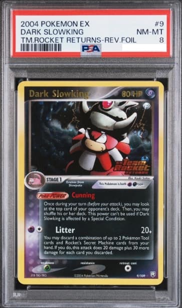 Dark Slowking, PSA 8 graded, card 9 of 109 from the 2004 EX Team Rocket Returns Pokémon TCG set.