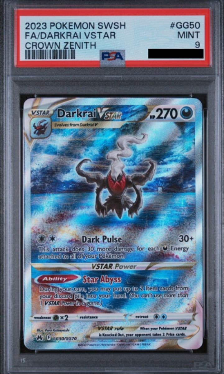 Darkrai VSTAR, PSA 9 graded, card GG50 / GG70 from the 2023 Crown Zenith Galarian Gallery Pokémon TCG set.