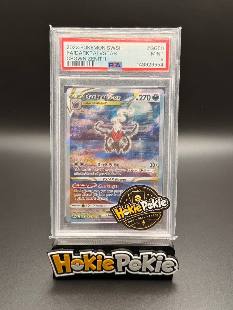 Darkrai VSTAR, PSA 9 graded, card GG50 / GG70 from the 2023 Crown Zenith Galarian Gallery Pokémon TCG set.