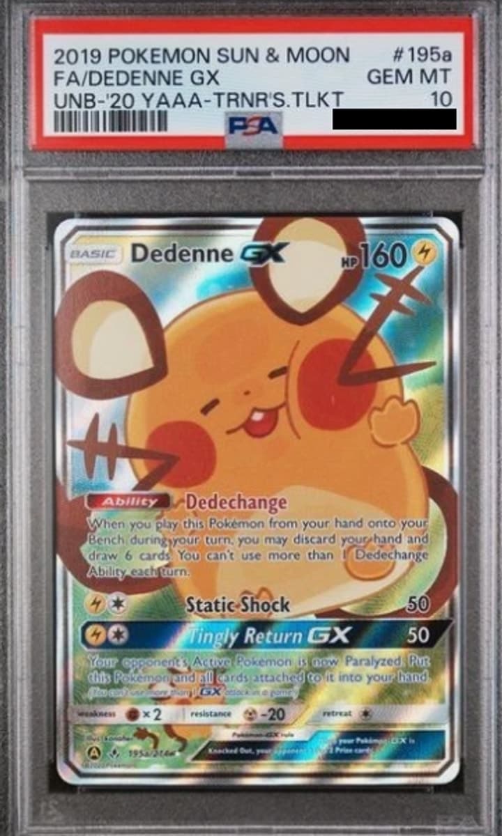 Dedenne GX, PSA 10 graded, card 195 of 214 from the 2019 Unbroken Bonds Pokémon TCG set.