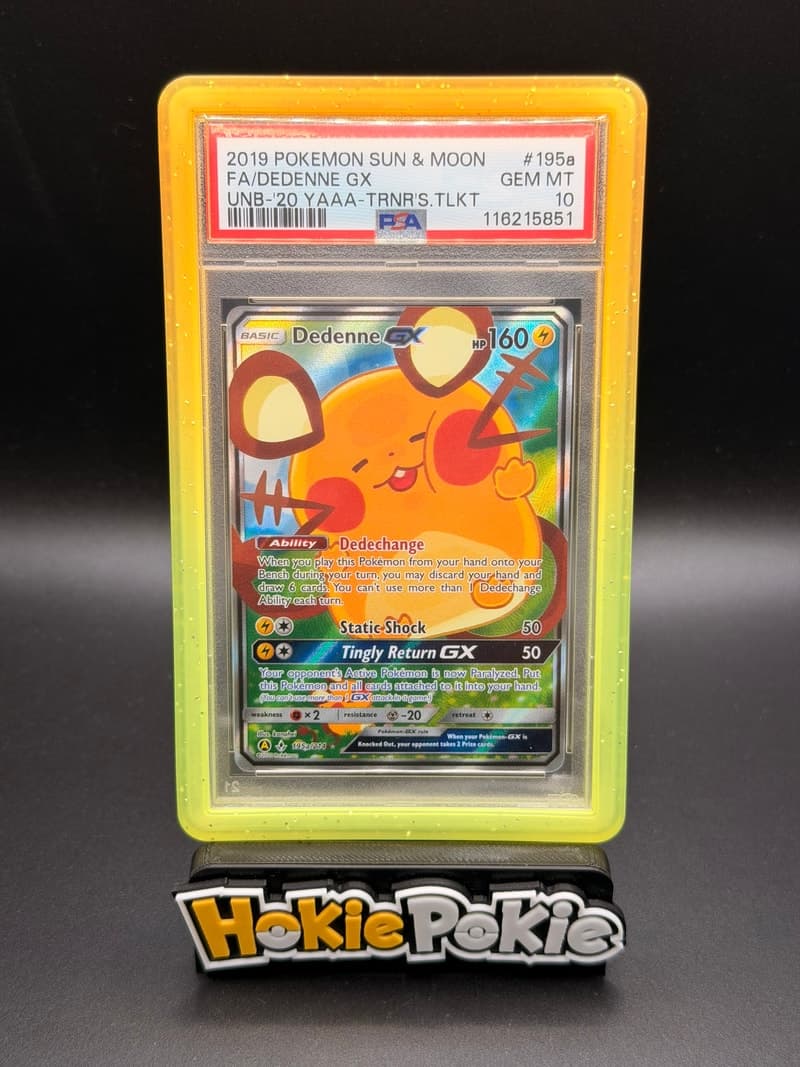 Dedenne GX, PSA 10 graded, card 195 of 214 from the 2019 Unbroken Bonds Pokémon TCG set. Actual photo of the card in hand.