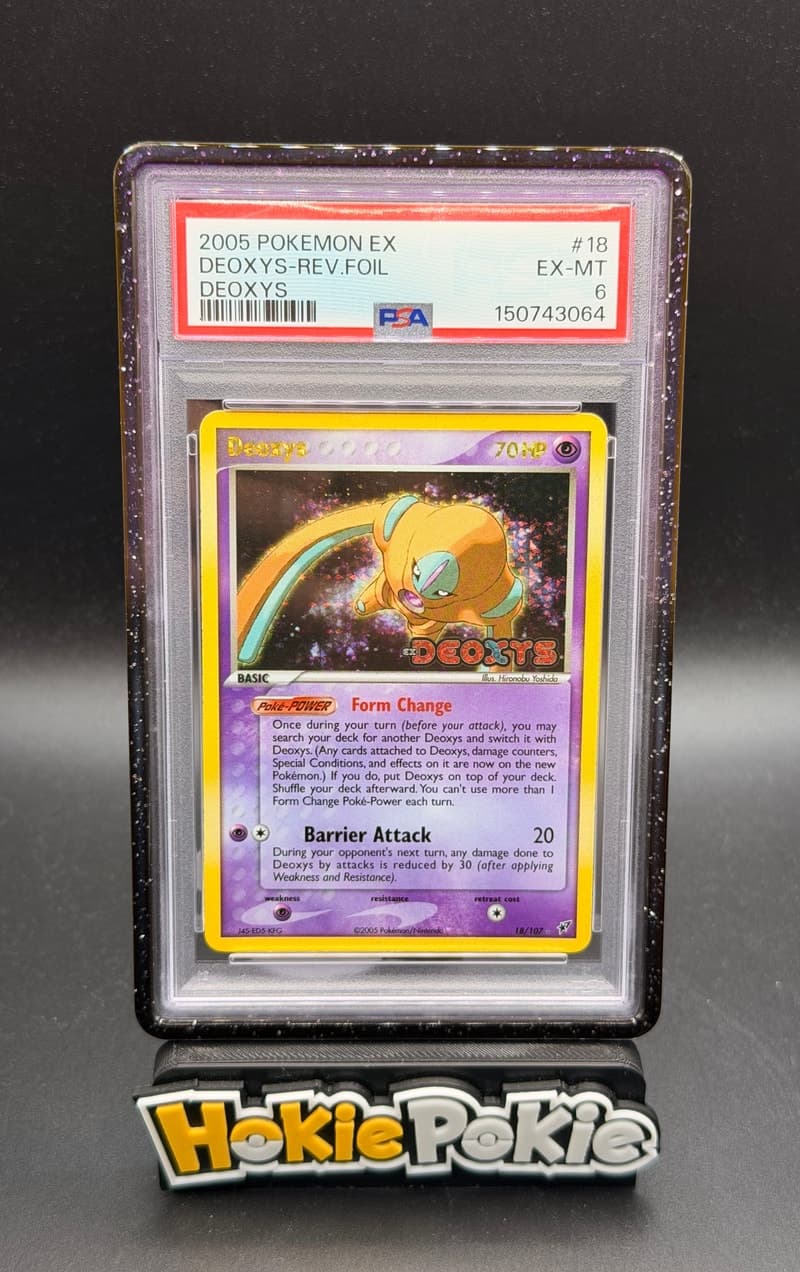 Deoxys, PSA 6 graded, card 18 of 107 from the 2005 EX Deoxys Pokémon TCG set.