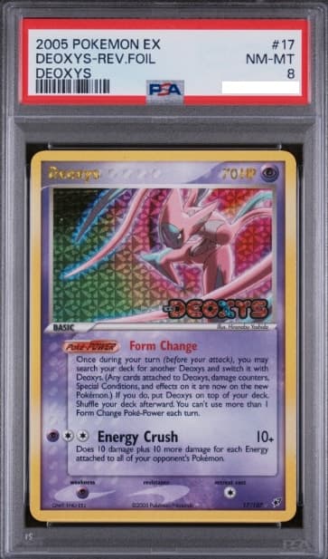 Deoxys, PSA 8 graded, card 17 of 107 from the 2005 EX Deoxys Pokémon TCG set.