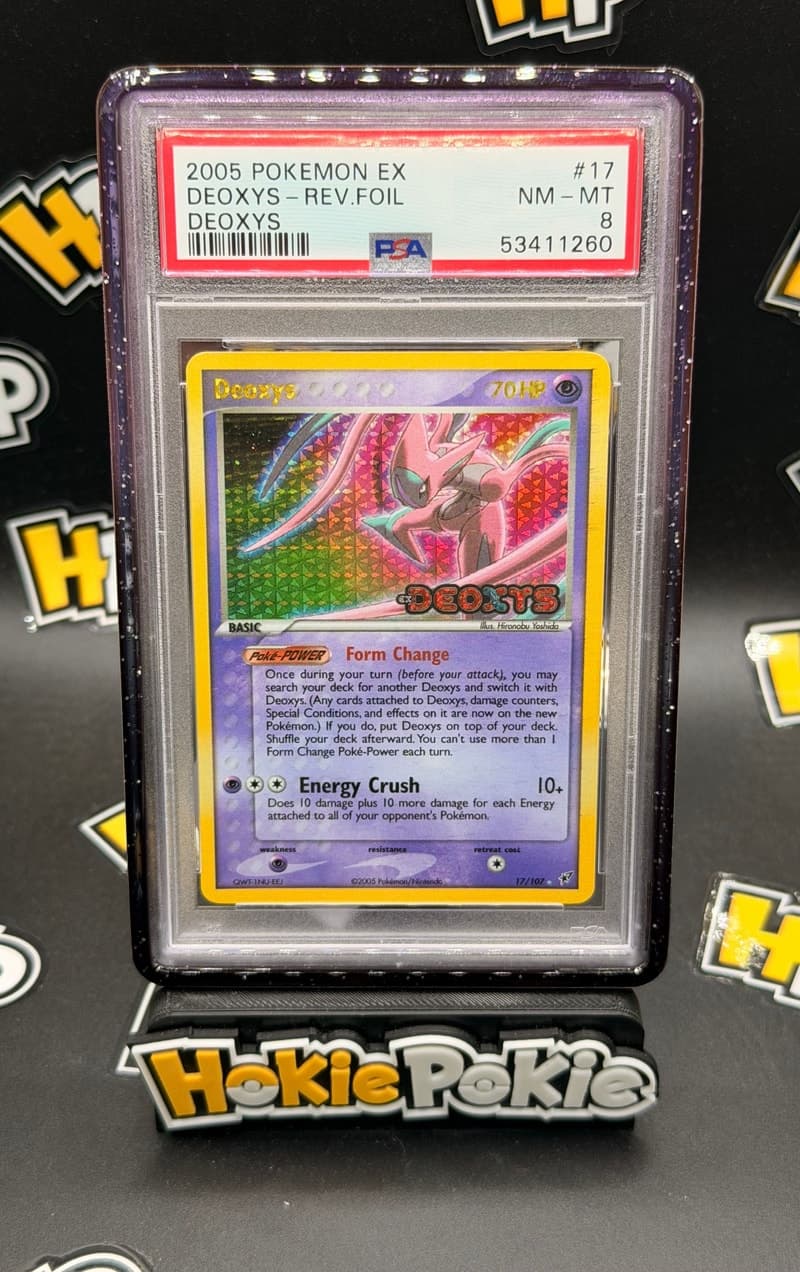 Deoxys, PSA 8 graded, card 17 of 107 from the 2005 EX Deoxys Pokémon TCG set.