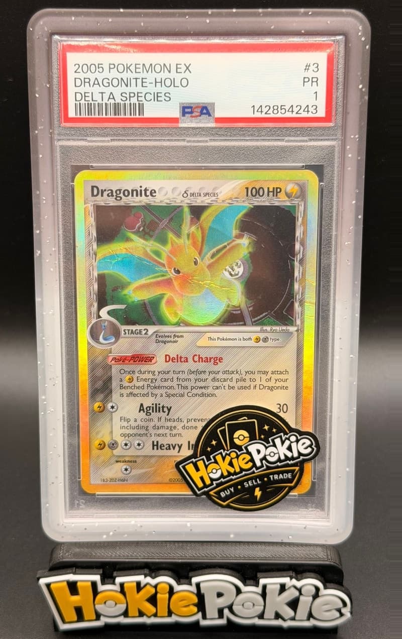 Dragonite, PSA 1 graded, card 3 of 113 from the 2005 EX Delta Species Pokémon TCG set.