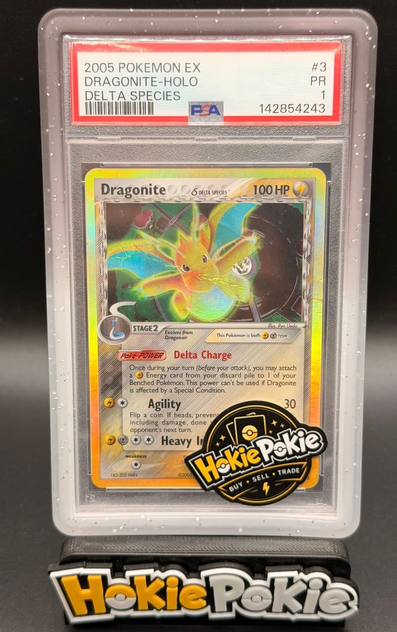 Dragonite, PSA 1 graded, card 3 of 113 from the 2005 EX Delta Species Pokémon TCG set. Actual photo of the card in hand.