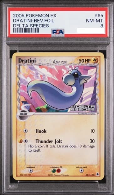 Dratini, PSA 8 graded, card 65 of 113 from the 2005 EX Delta Species Pokémon TCG set.