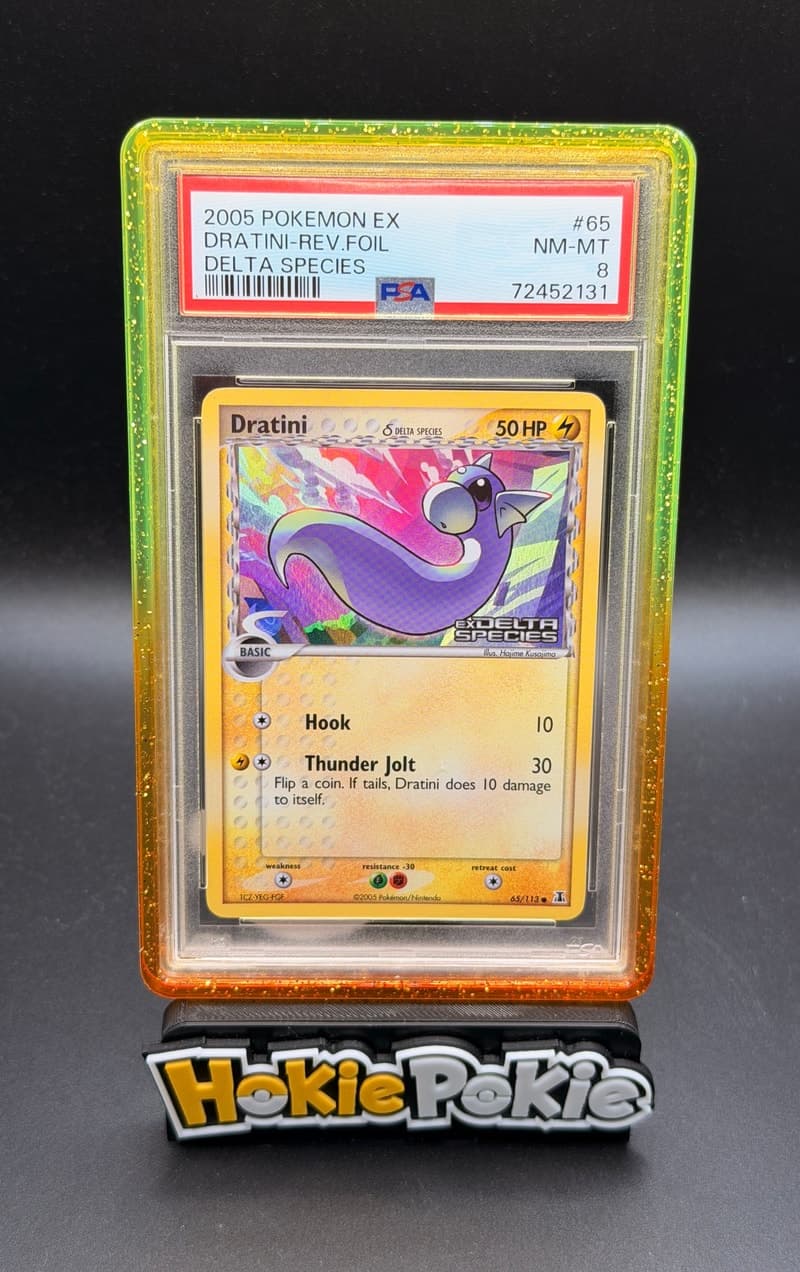 Dratini, PSA 8 graded, card 65 of 113 from the 2005 EX Delta Species Pokémon TCG set.
