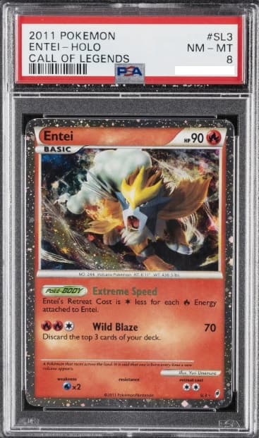 Entei, PSA 8 graded, card SL3 from the 2011 Call of Legends Pokémon TCG set.
