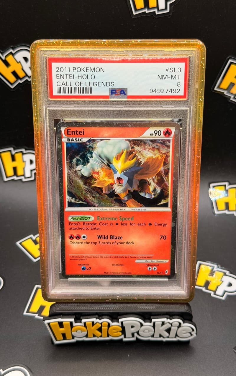 Entei, PSA 8 graded, card SL3 from the 2011 Call of Legends Pokémon TCG set. Actual photo of the card in hand.