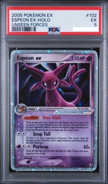 Espeon ex, PSA 5 graded, card 102 of 115 from the 2005 EX Unseen Forces Pokémon TCG set.