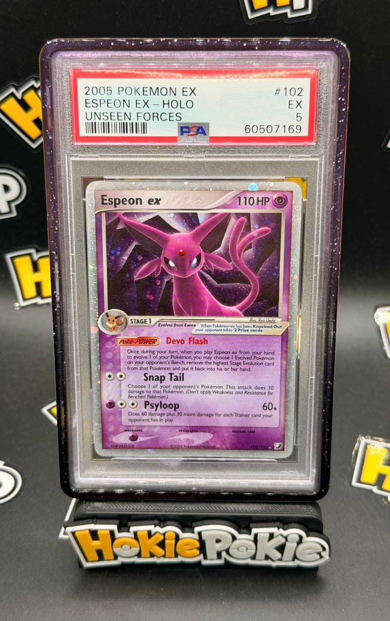 Espeon ex, PSA 5 graded, card 102 of 115 from the 2005 EX Unseen Forces Pokémon TCG set.