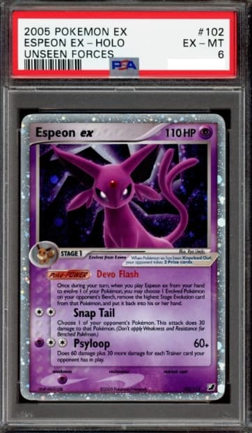 Espeon ex, PSA 6 graded, card 102 of 115 from the 2005 EX Unseen Forces Pokémon TCG set.