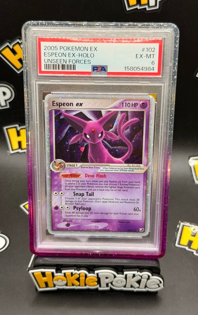 Espeon ex, PSA 6 graded, card 102 of 115 from the 2005 EX Unseen Forces Pokémon TCG set.
