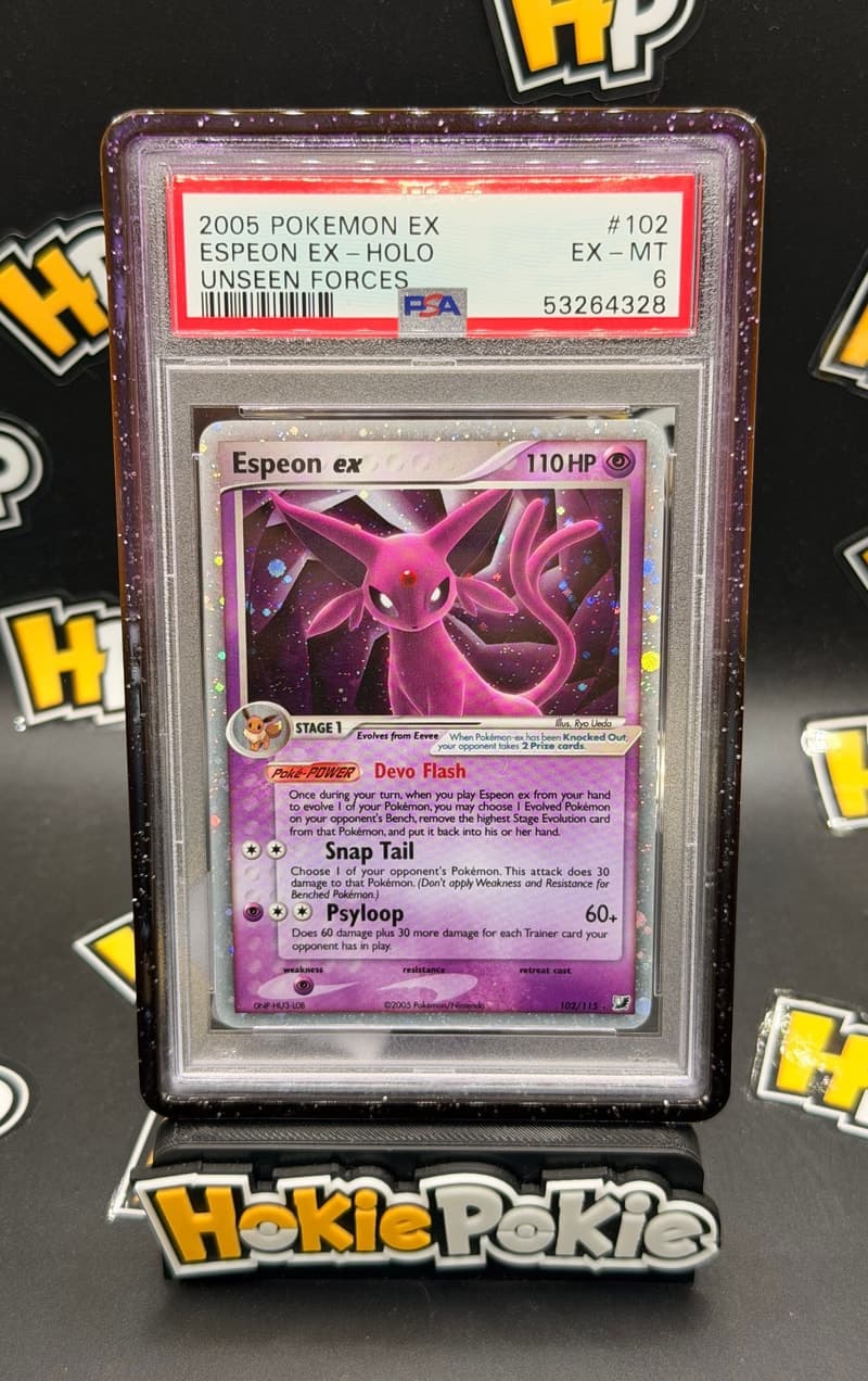 Espeon ex, PSA 6 graded, card 102 of 115 from the 2005 EX Unseen Forces Pokémon TCG set. Actual photo of the card in hand.