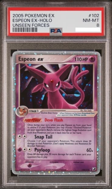 Espeon ex, PSA 8 graded, card 102 of 115 from the 2005 EX Unseen Forces Pokémon TCG set.