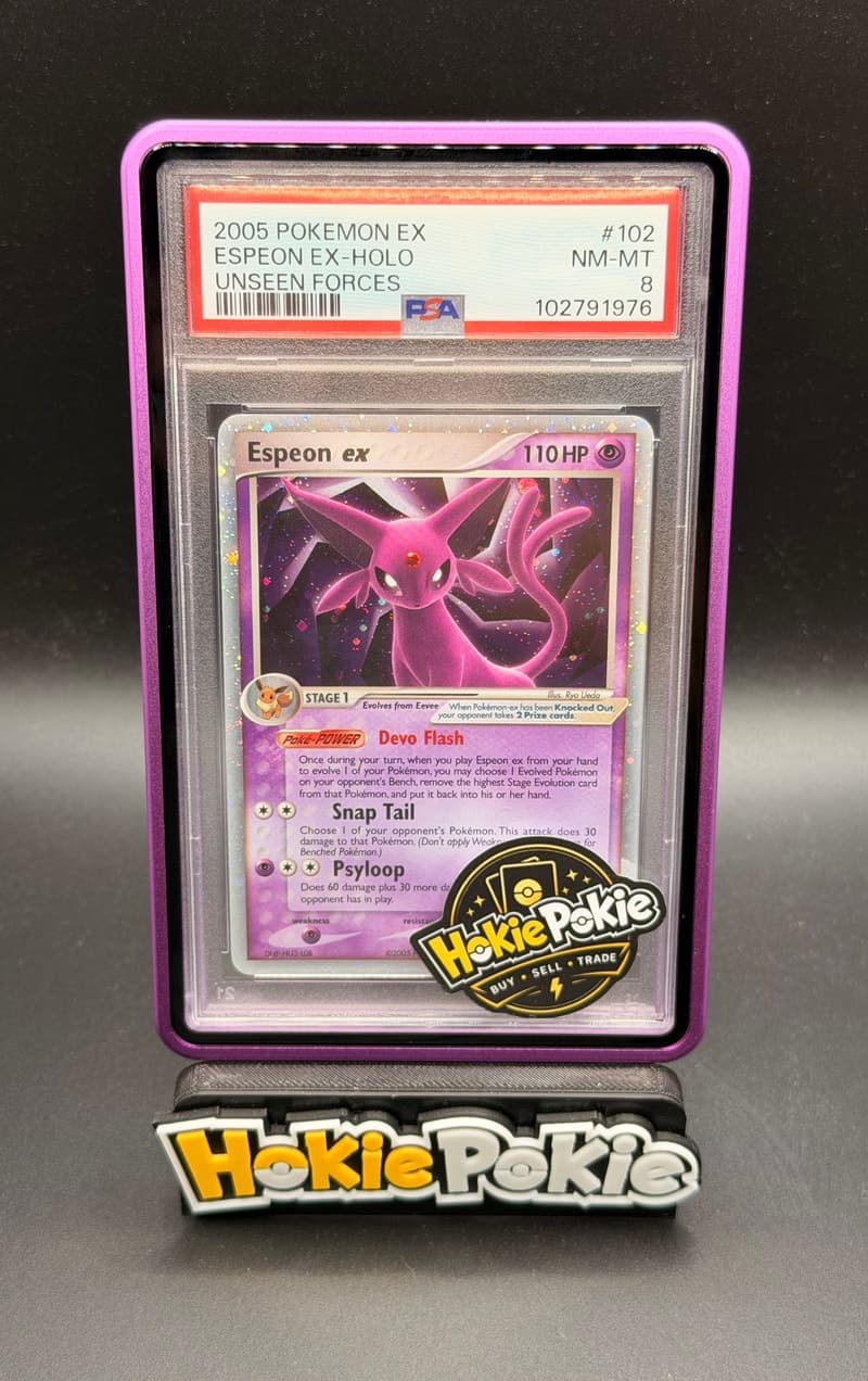 Espeon ex, PSA 8 graded, card 102 of 115 from the 2005 EX Unseen Forces Pokémon TCG set.