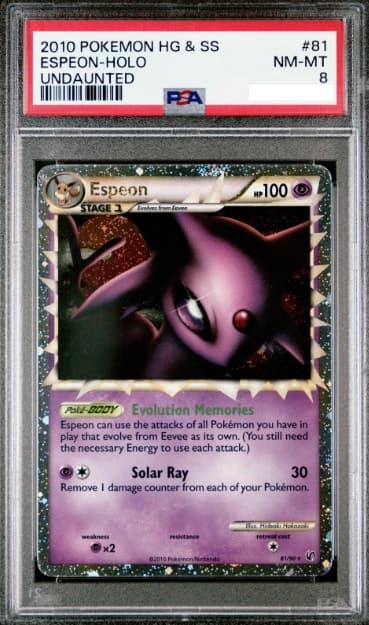 Espeon Prime, PSA 8 graded, card 81 of 90 from the 2010 HS Undaunted Pokémon TCG set.