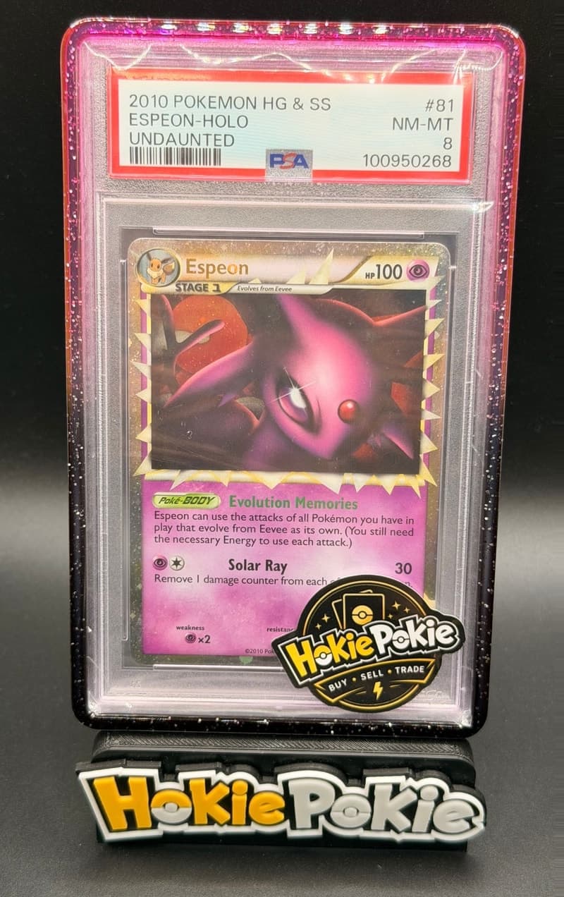 Espeon Prime, PSA 8 graded, card 81 of 90 from the 2010 HS Undaunted Pokémon TCG set.