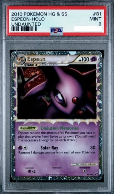 Espeon Prime, PSA 9 graded, card 81 of 90 from the 2010 HS Undaunted Pokémon TCG set.