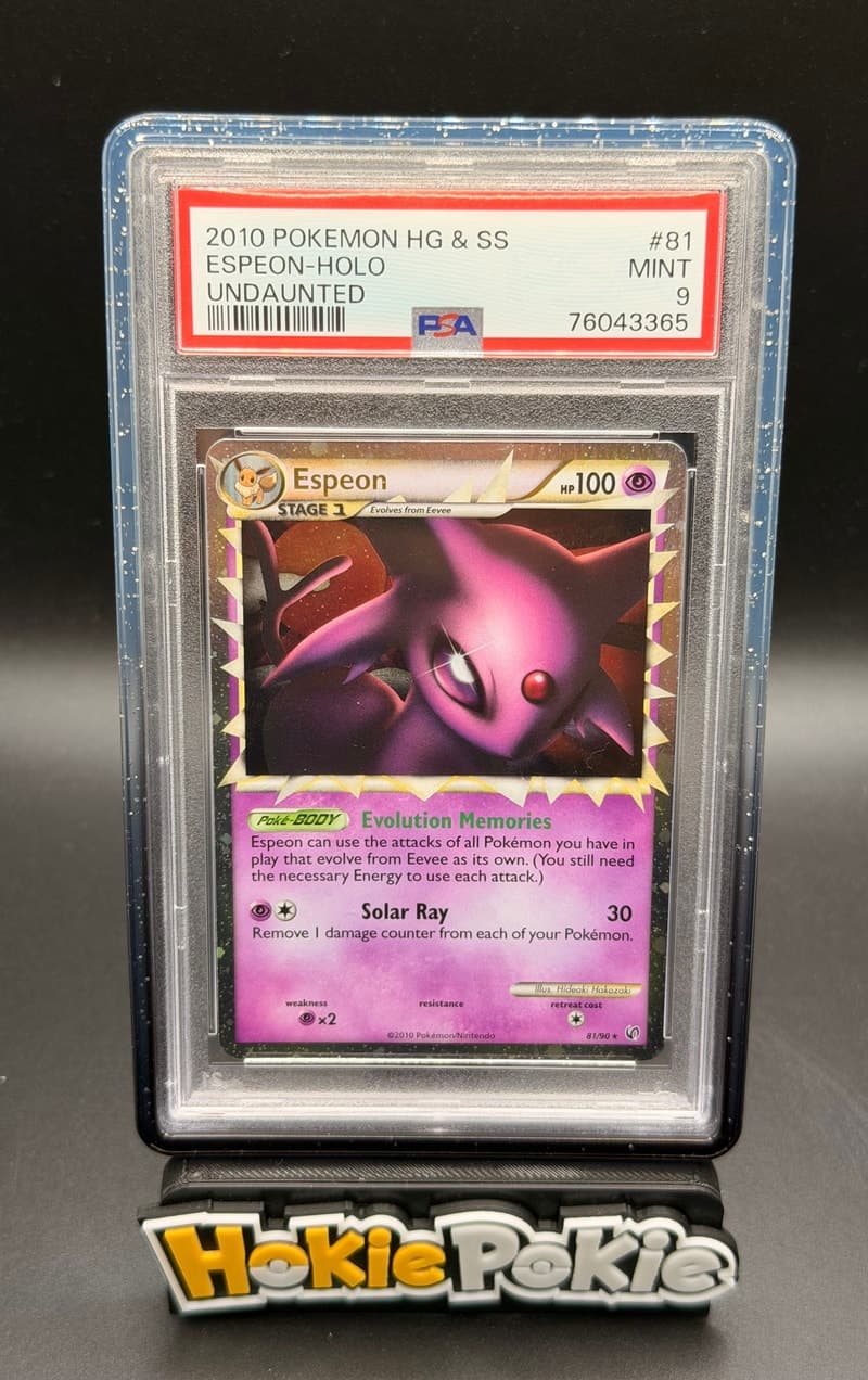 Espeon Prime, PSA 9 graded, card 81 of 90 from the 2010 HS Undaunted Pokémon TCG set.