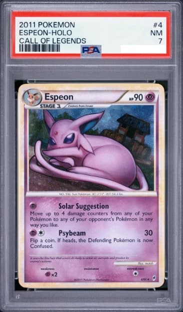 Espeon, PSA 7 graded, card 4 of 95 from the 2011 Call of Legends Pokémon TCG set.