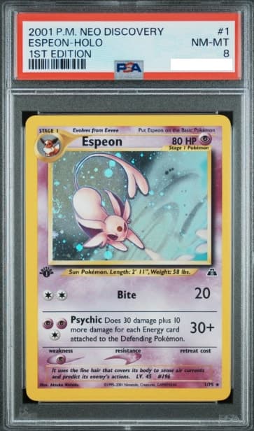 Espeon, PSA 8 graded, card 1 of 75 from the 2001 Neo Discovery Pokémon TCG set.