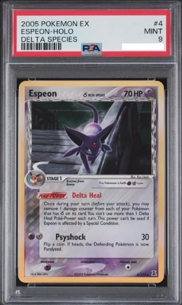 Espeon, PSA 9 graded, card 4 of 113 from the 2005 EX Delta Species Pokémon TCG set.