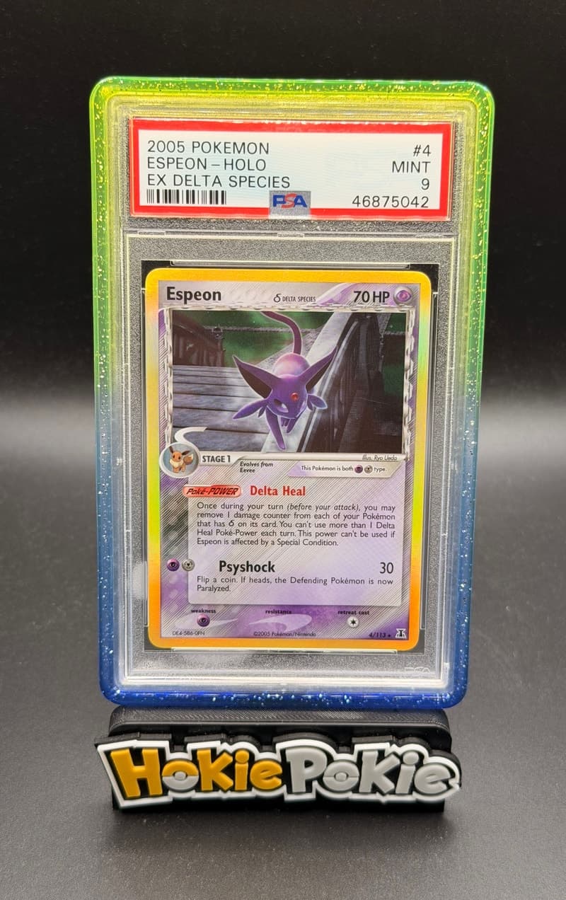 Espeon, PSA 9 graded, card 4 of 113 from the 2005 EX Delta Species Pokémon TCG set.