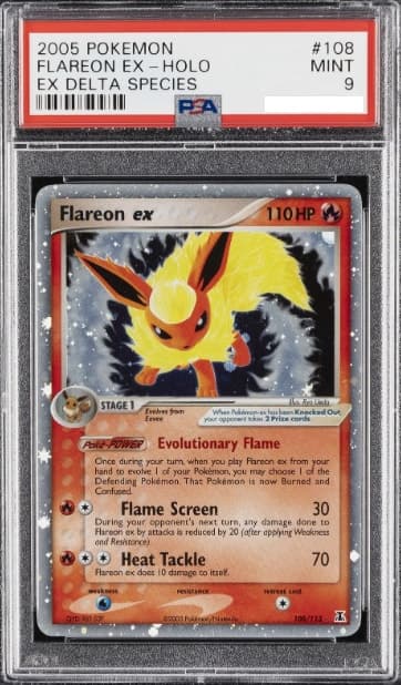 Flareon ex, PSA 9 graded, card 108 of 113 from the 2005 EX Delta Species Pokémon TCG set.