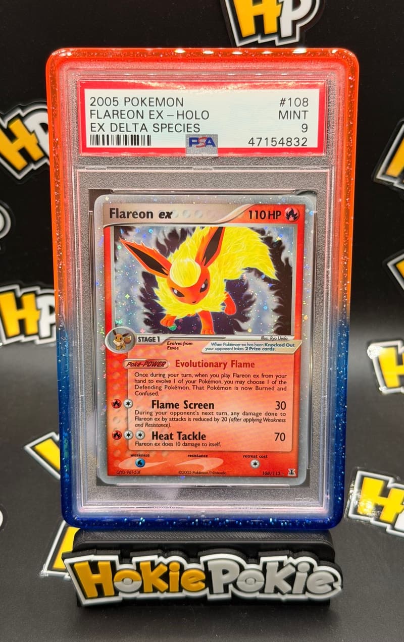 Flareon ex, PSA 9 graded, card 108 of 113 from the 2005 EX Delta Species Pokémon TCG set. Actual photo of the card in hand.