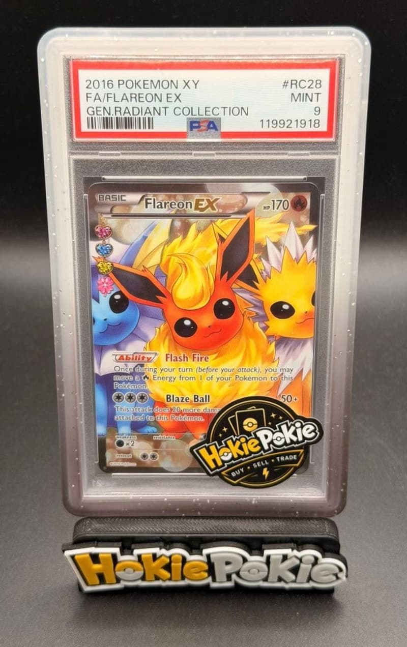 Flareon EX, PSA 9 graded, card RC28 / RC32 from the 2016 Generations Pokémon TCG set. Actual photo of the card in hand.