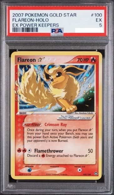 Flareon Gold Star, PSA 5 graded, card 100 of 108 from the 2007 EX Power Keepers Pokémon TCG set.