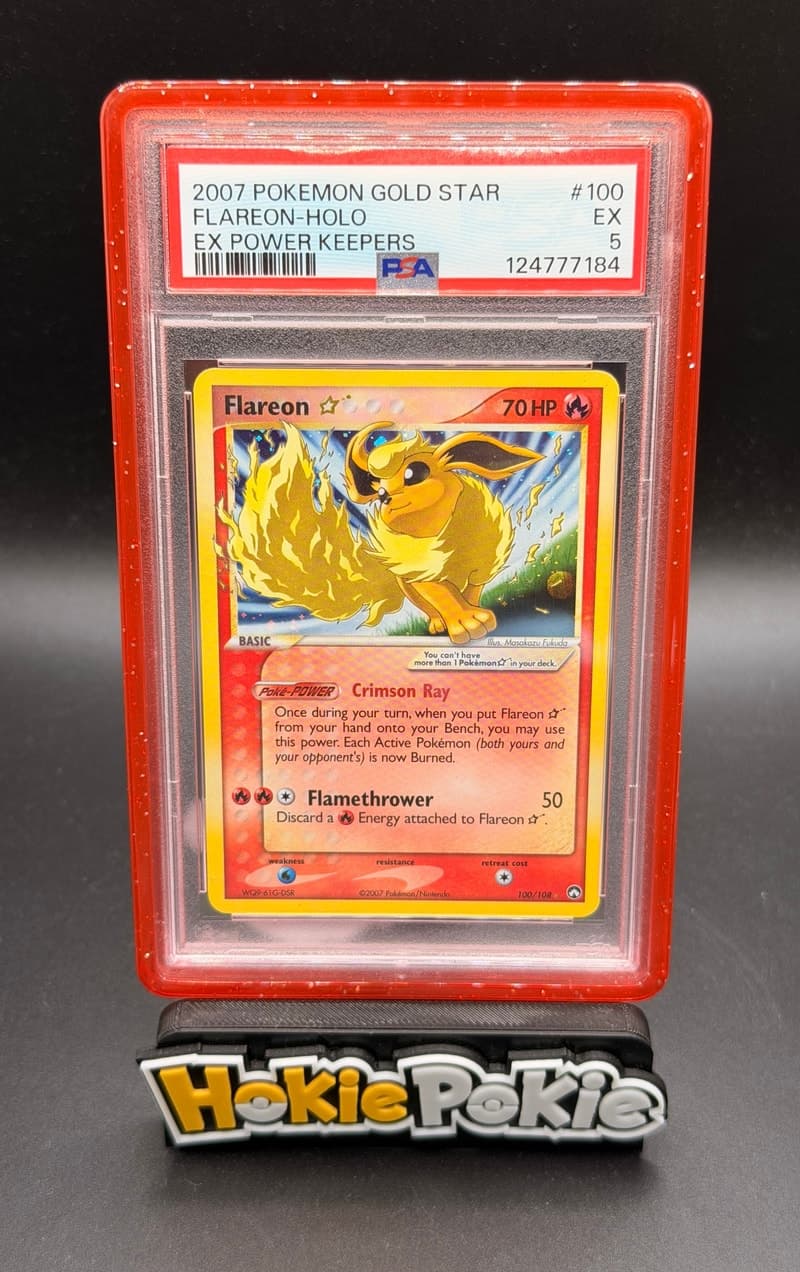 Flareon Gold Star, PSA 5 graded, card 100 of 108 from the 2007 EX Power Keepers Pokémon TCG set.
