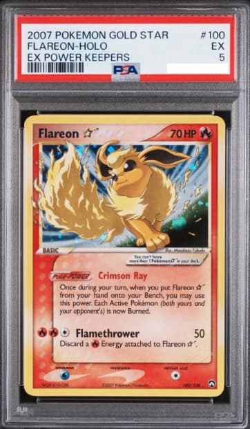 Flareon Gold Star, PSA 5 graded, card 100 of 108 from the 2007 EX Power Keepers Pokémon TCG set.