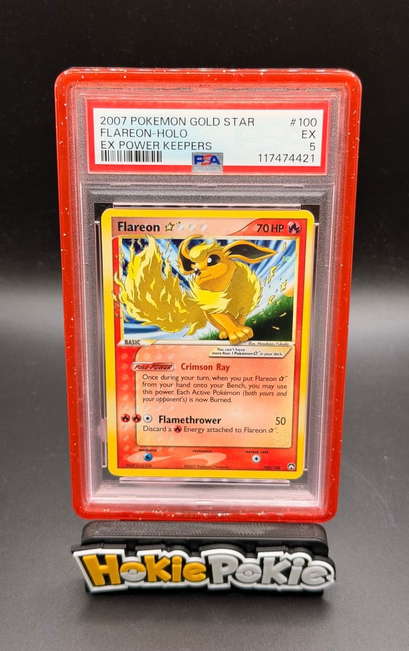 Flareon Gold Star, PSA 5 graded, card 100 of 108 from the 2007 EX Power Keepers Pokémon TCG set.