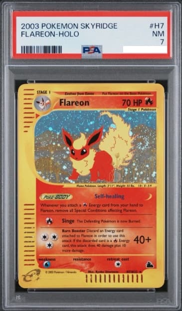 Flareon, PSA 7 graded, card H7 / H32 from the 2003 Skyridge Pokémon TCG set.