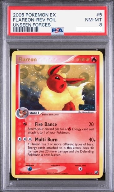 Flareon, PSA 8 graded, card 5 of 115 from the 2005 EX Unseen Forces Pokémon TCG set.