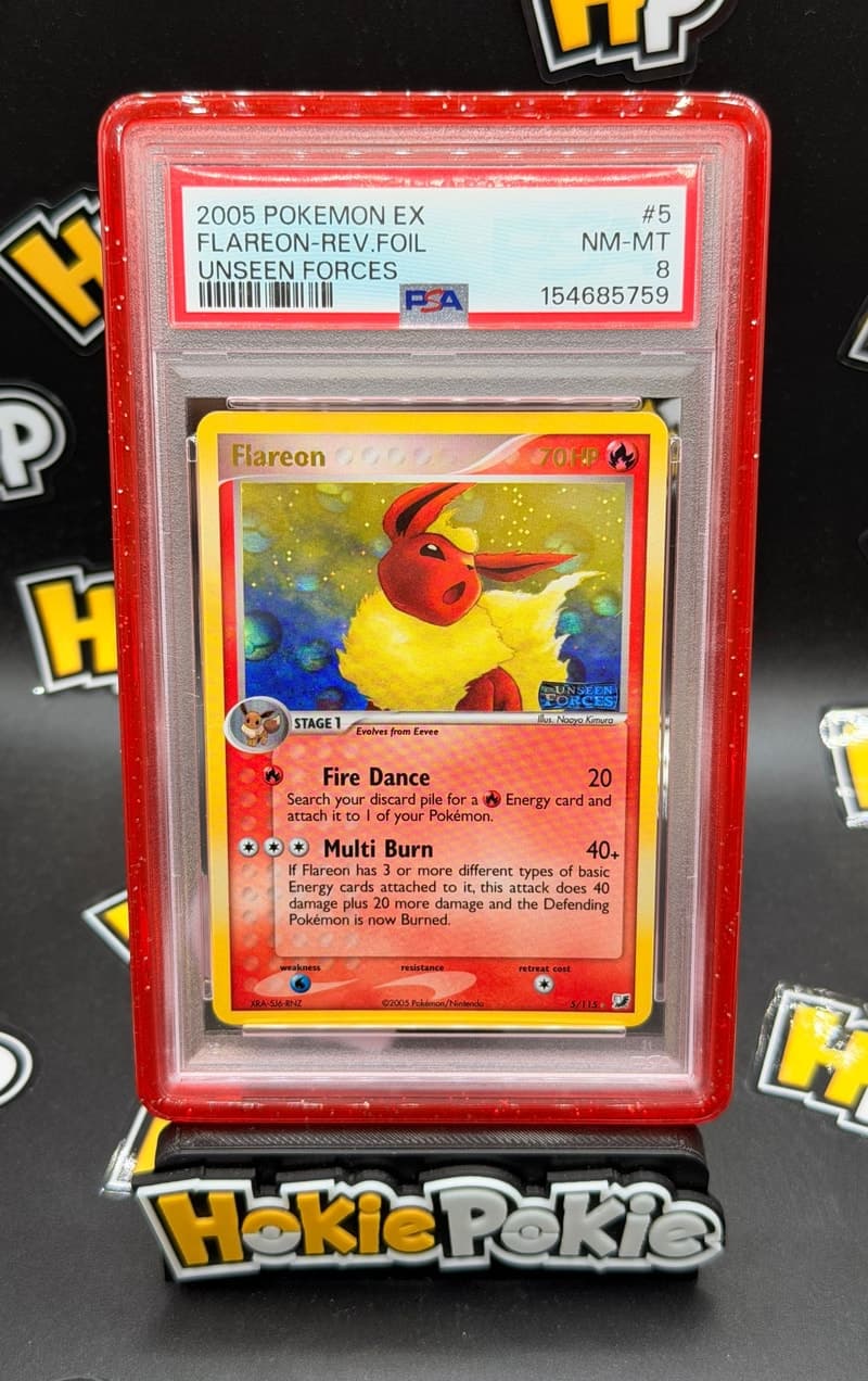 Flareon, PSA 8 graded, card 5 of 115 from the 2005 EX Unseen Forces Pokémon TCG set.