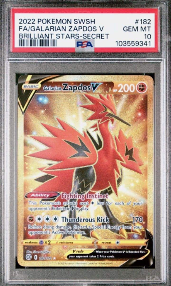 Galarian Zapdos V, PSA 10 graded, card 182 of 172 from the 2022 Brilliant Stars Pokémon TCG set.