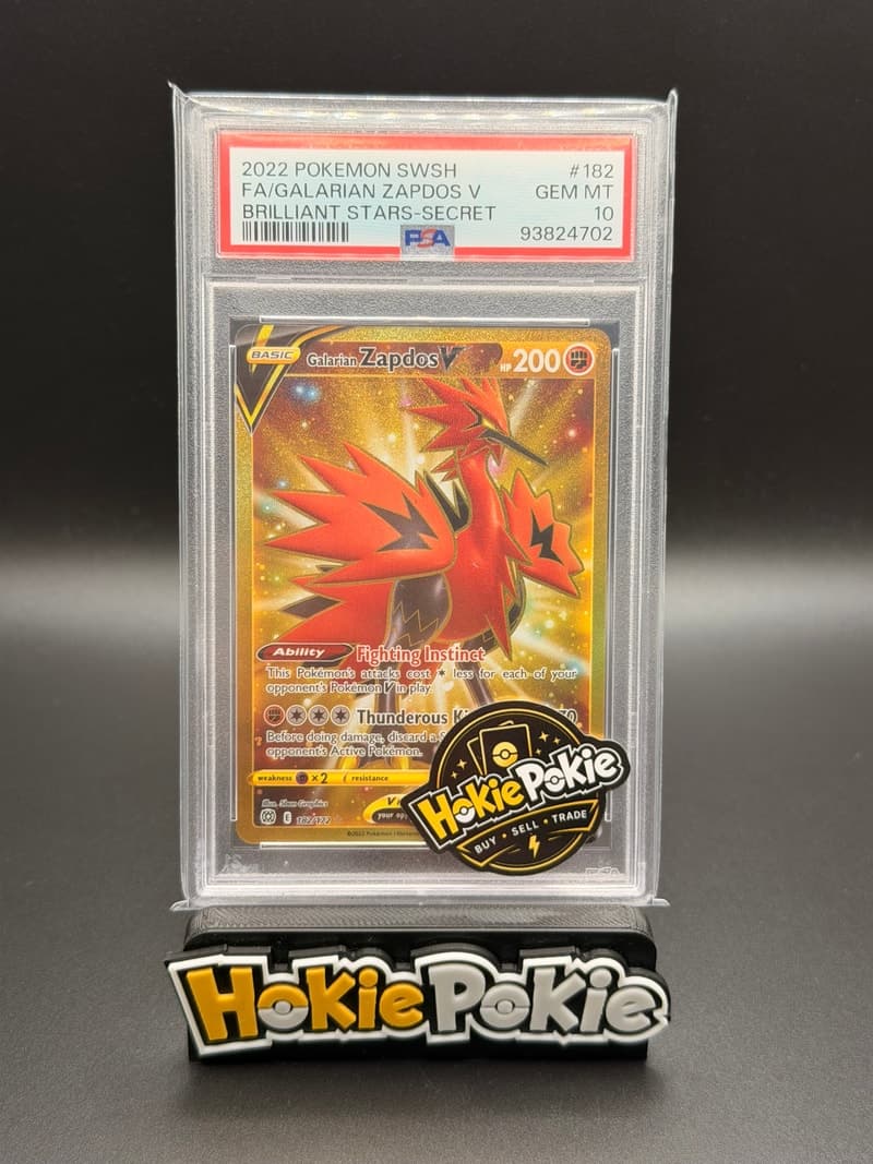 Galarian Zapdos V, PSA 10 graded, card 182 of 172 from the 2022 Brilliant Stars Pokémon TCG set. Actual photo of the card in hand.