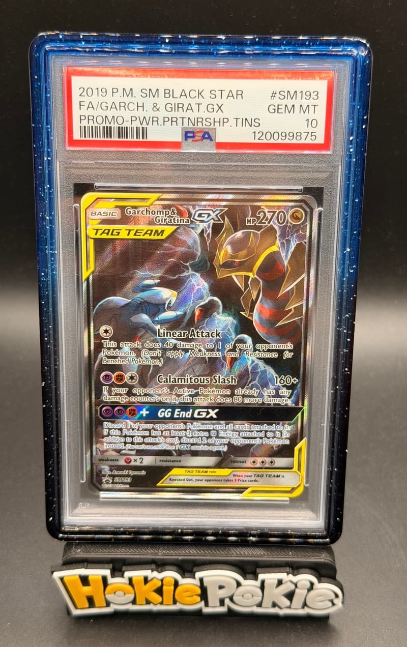 Garchomp & Giratina GX, PSA 10 graded, card SM193 from the 2018 SM Black Star Promos Pokémon TCG set.