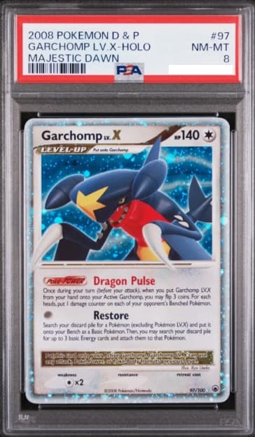Garchomp LV.X, PSA 8 graded, card 97 of 100 from the 2008 Majestic Dawn Pokémon TCG set.