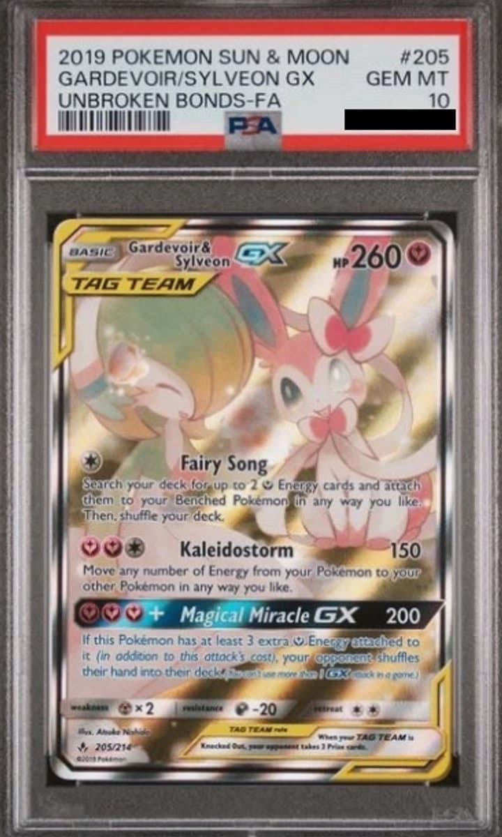 Gardevoir & Sylveon GX, PSA 10 graded, card 205 of 214 from the 2019 Unbroken Bonds Pokémon TCG set.