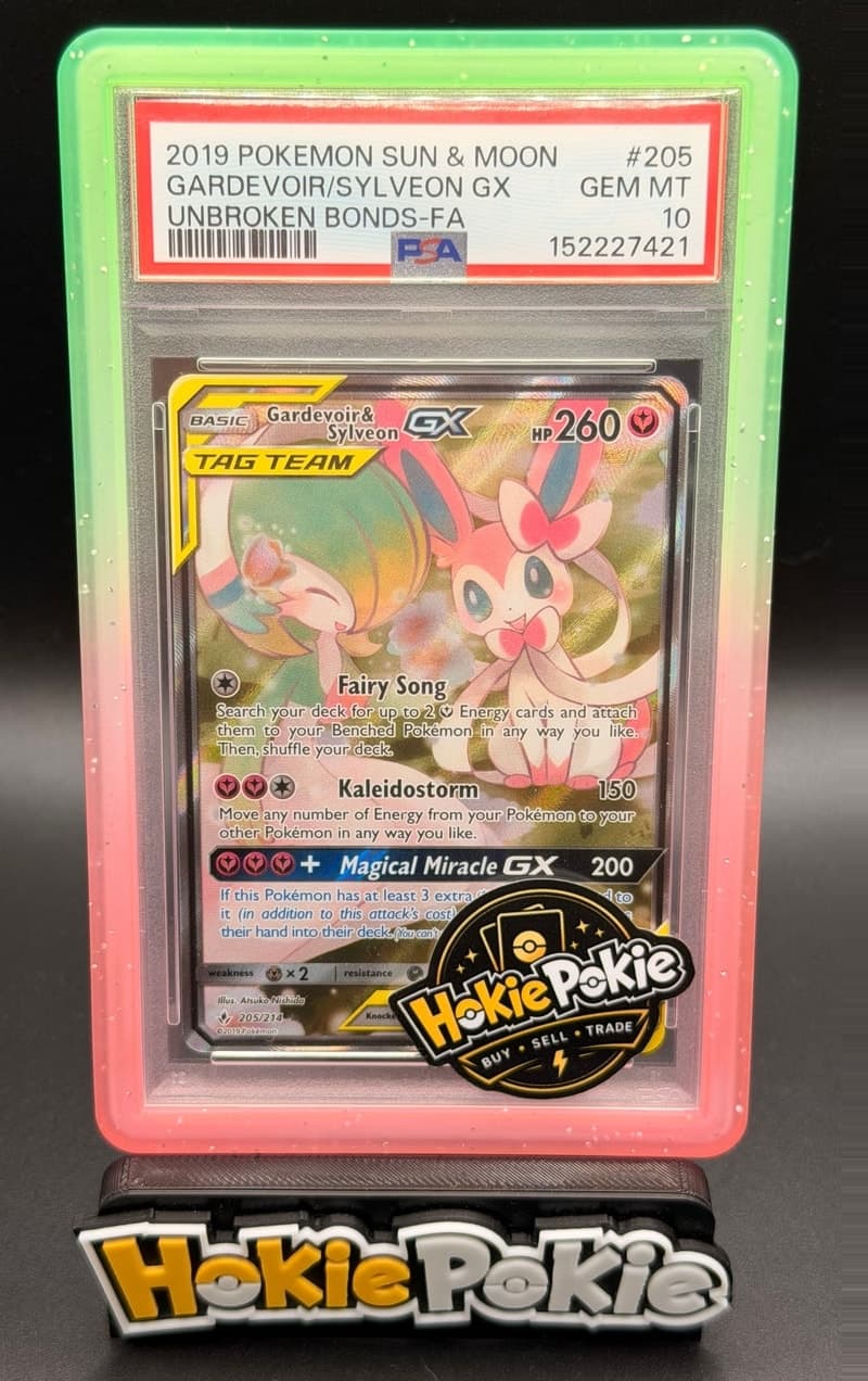Gardevoir & Sylveon GX, PSA 10 graded, card 205 of 214 from the 2019 Unbroken Bonds Pokémon TCG set.